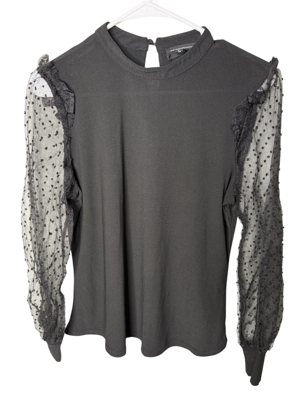 Flower & Feather Black Large Mock Neck Swiss Dot Mesh Sleeve Top